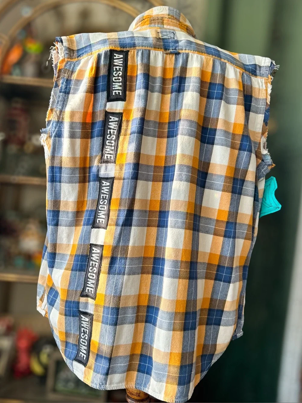 Plaid Sleeveless Button-Up Shirt — Blue & Mustard